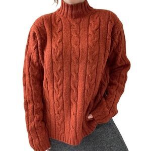 Vintage American Eagle Burnt Orange Lambswool Donegal Cable Fisherman Sweater XL